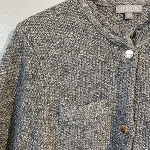 J Crew Linen Blend Cropped Fringe Lady Jacket Womens 3X Gray White Quiet Luxury